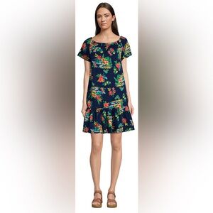 Lands End Women’s Tropical Off the Shoulder Ruffle Hem Swim Cover-up Dress Small
